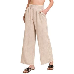 169. Women's Mocha Acid Wash Gauze Elastic Waist Pants NEW